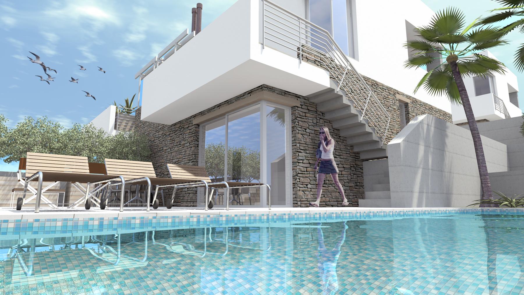 Modern villa under construction with swimming pool near the sea